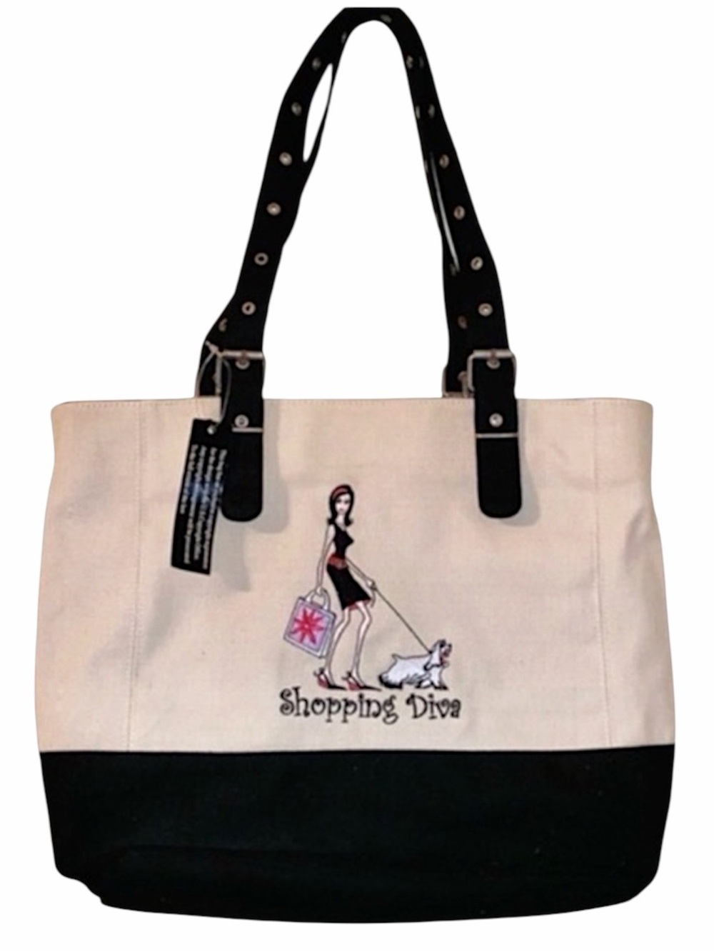 shopping diva embroidered tote fashionista dog walker NWT